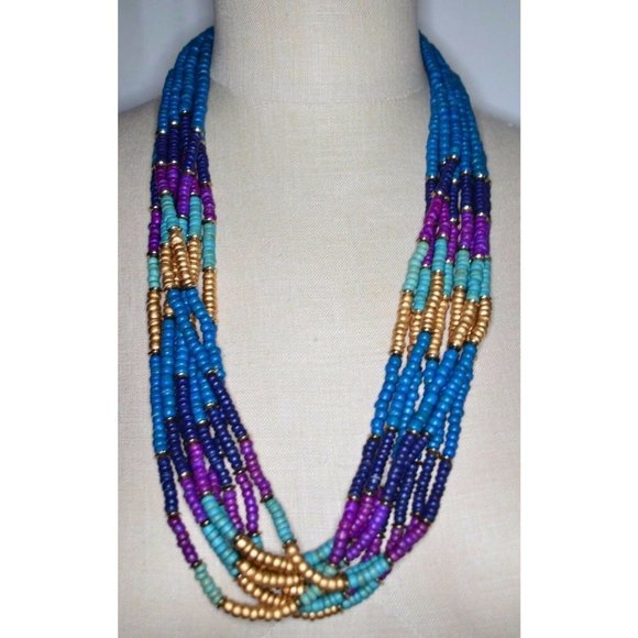 Vintage Jewelry - Gold Tone Multi-Strand Blue Purple Wood Necklace